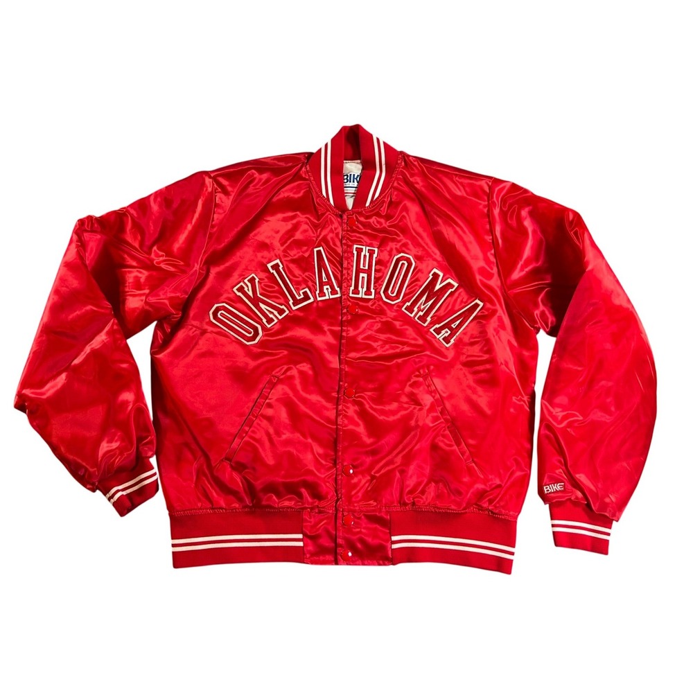 Vintage Oklahoma Sooners Varsity Jacket Mens Large Red Satin Snap Bomber Bike‎